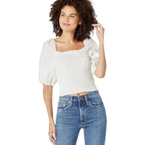 FAHERTY Frankie White Linen Puff Sleeve Square Neck Smocked Crop - Picture 1 of 8